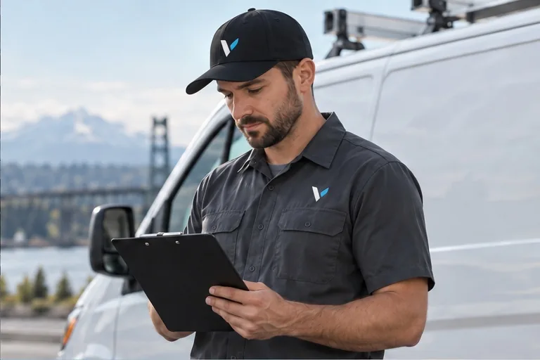 Service professional standing beside a vehicle