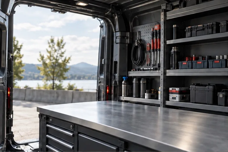 Organized tools and a workbench in a service vehicle